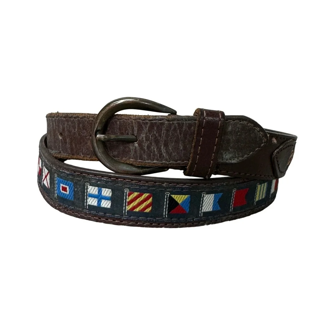 Industria Argentina Brown Leather Striped Canvas Belt Brass D-Ring Size 44 110